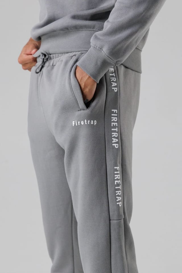 Firetrap Firetrap Men's Cotton Rich Brushed Fleece Joggers with Logo Strip Detail in Dark Grey - 3