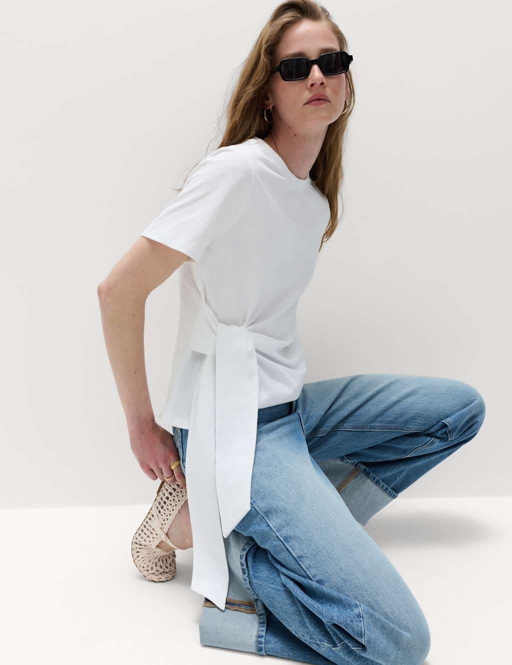 Marks & Spencer M&S Pure Cotton Tie Waist T-Shirt Soft White
