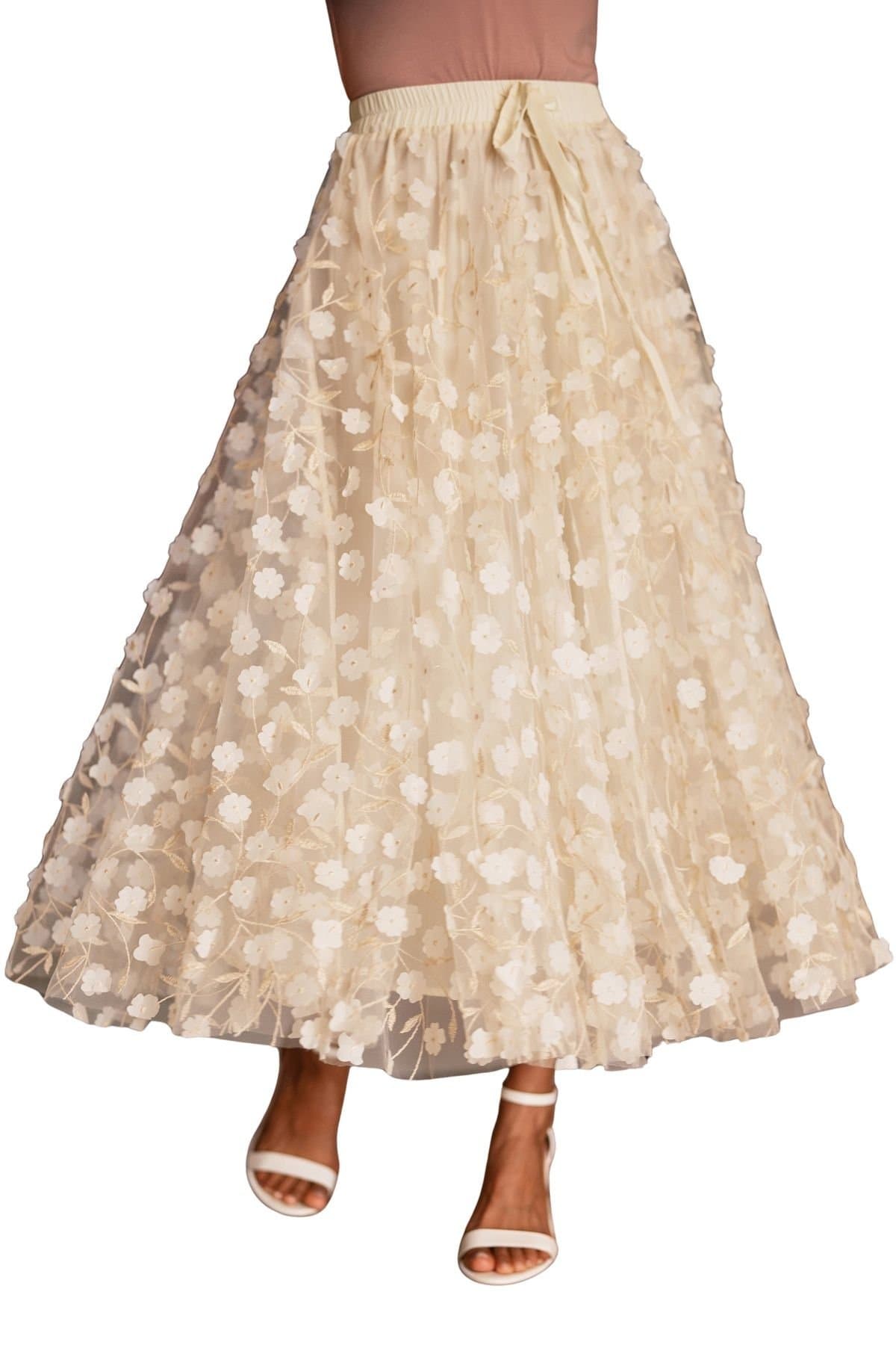 Yumi Yumi Women's Ivory Mesh Floral Applique Midi Skirt in Warm White