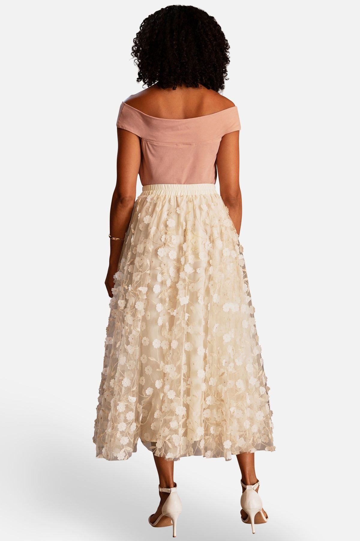 Yumi Yumi Women's Ivory Mesh Floral Applique Midi Skirt in Warm White - 3