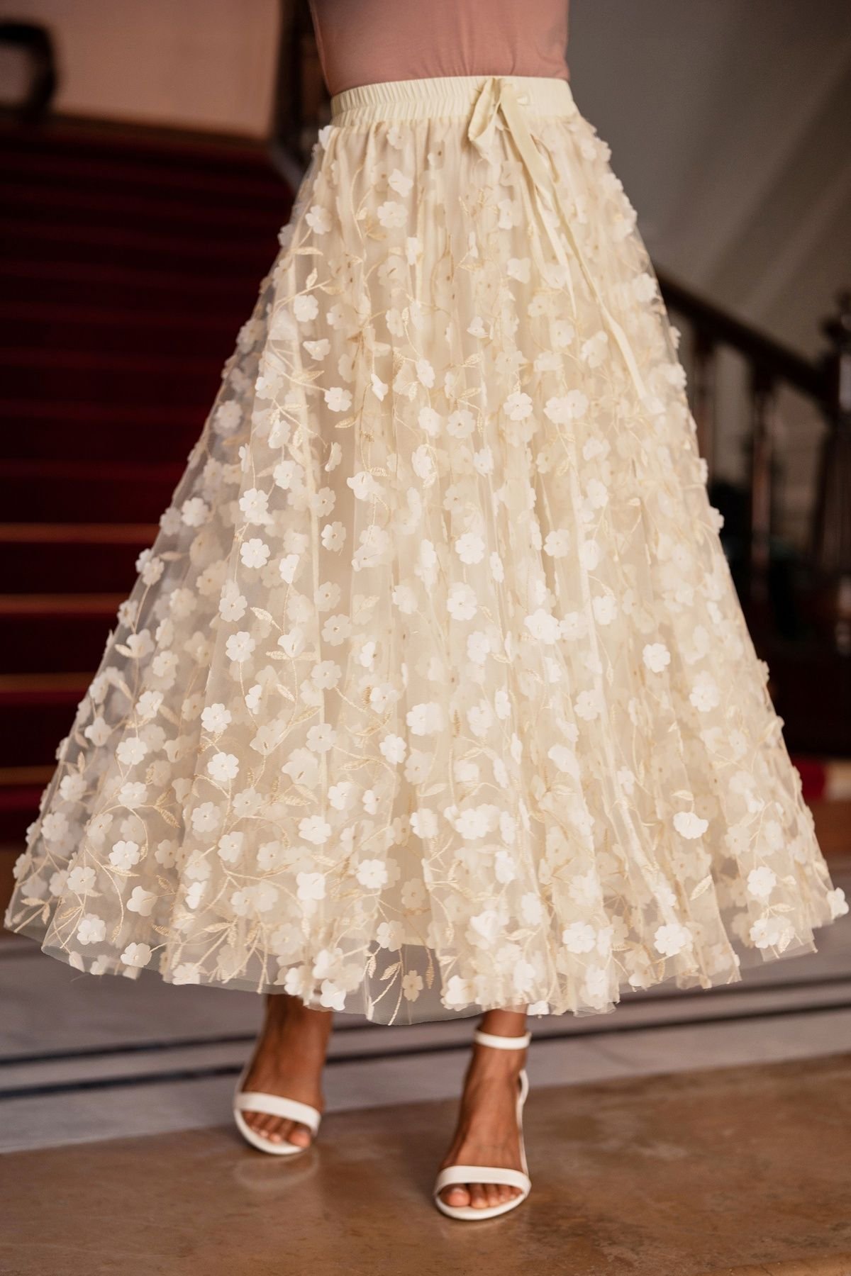 Yumi Yumi Women's Ivory Mesh Floral Applique Midi Skirt in Warm White - 4