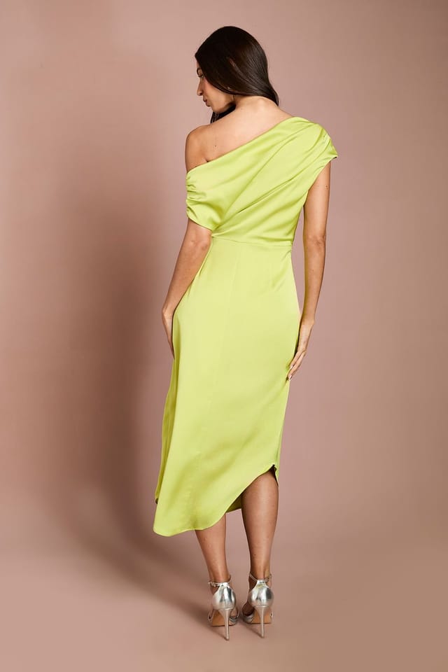 Coast Coast Women's Satin Ruched One Shoulder Asymmetric Hem Midi Dress in Olive - 3