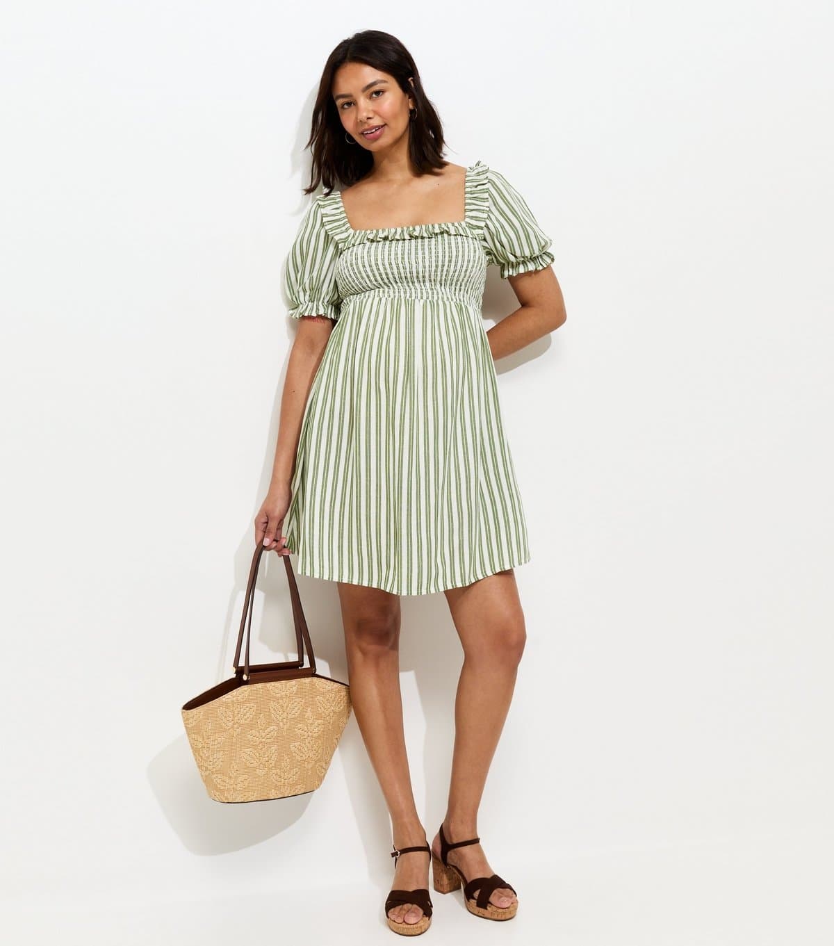 New Look Women's Maternity Green Striped Frilly Trim Dress New Look