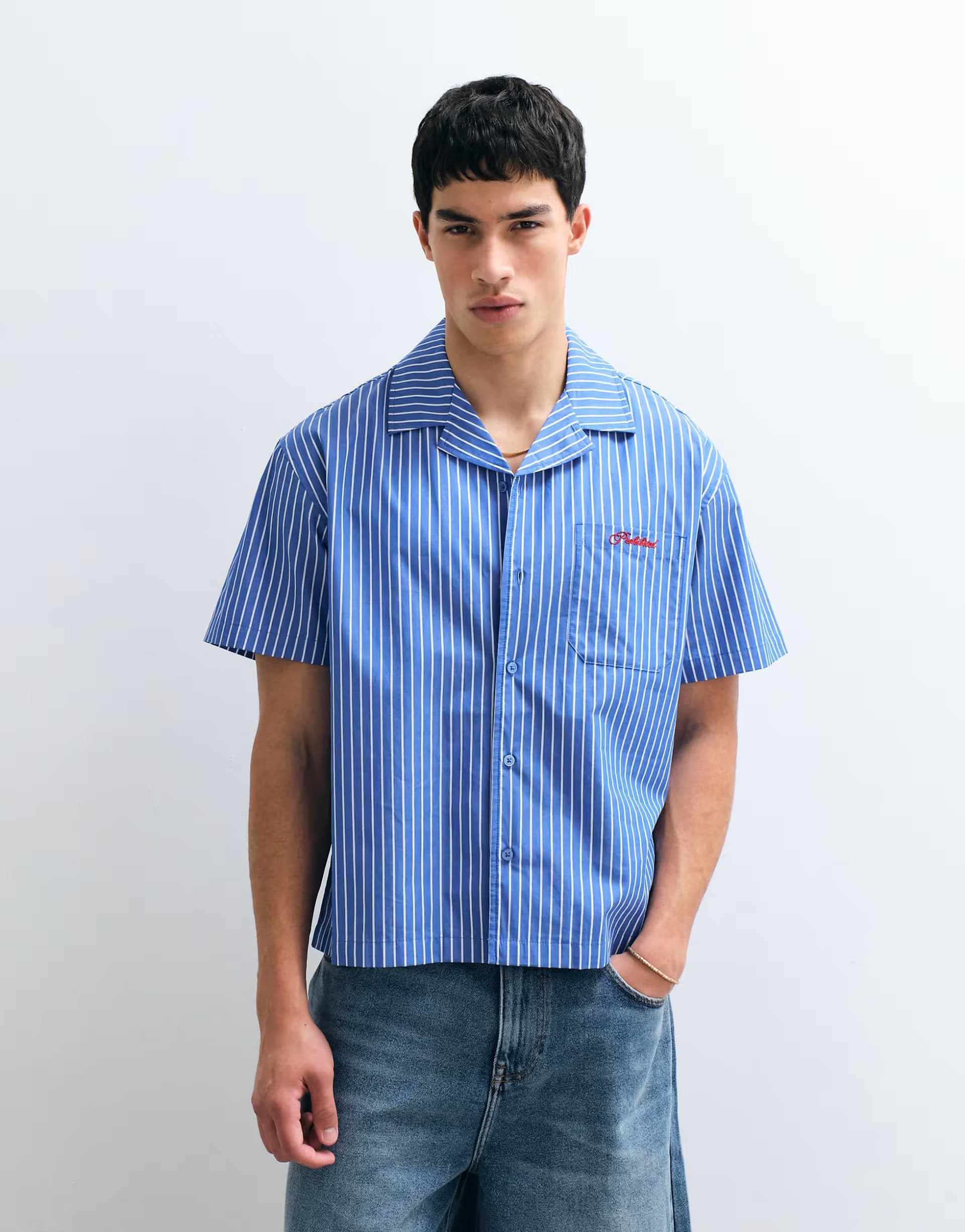 ASOS Prohibited short sleeve revere collar stripe shirt in dark blue