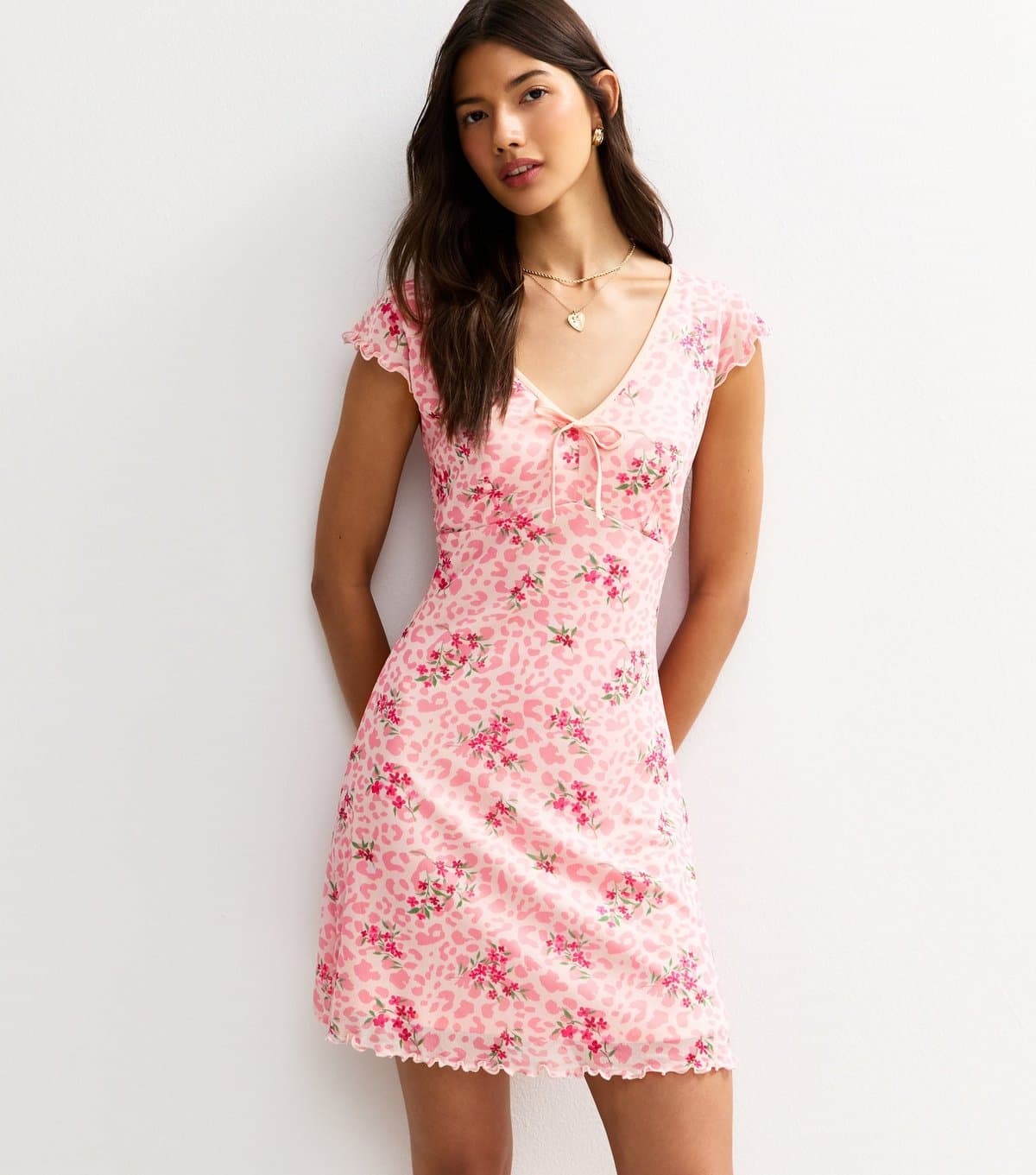 New Look Women's Pink Floral Print Mesh Mini Dress New Look
