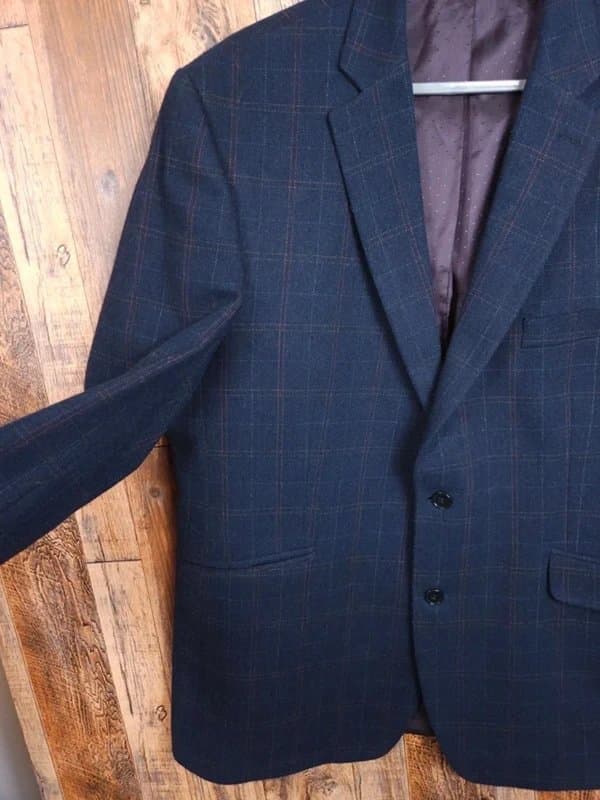 Vintage Men’s Navy Windowpane Wool Blend Blazer – Tailored Smart Jacket