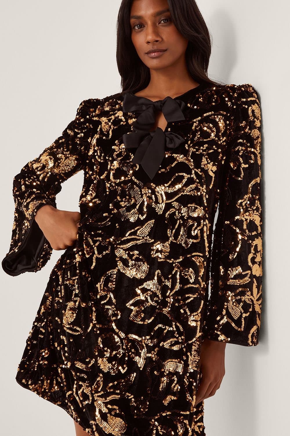 Monsoon Monsoon Women's Shola Bow Sequin Mini Tunic Dress Black