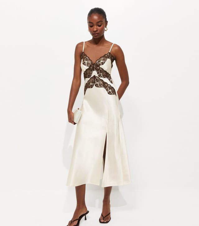 New Look Women's Cream Contrast Lace Trim Slit Hem Midi Dress New Look - 3