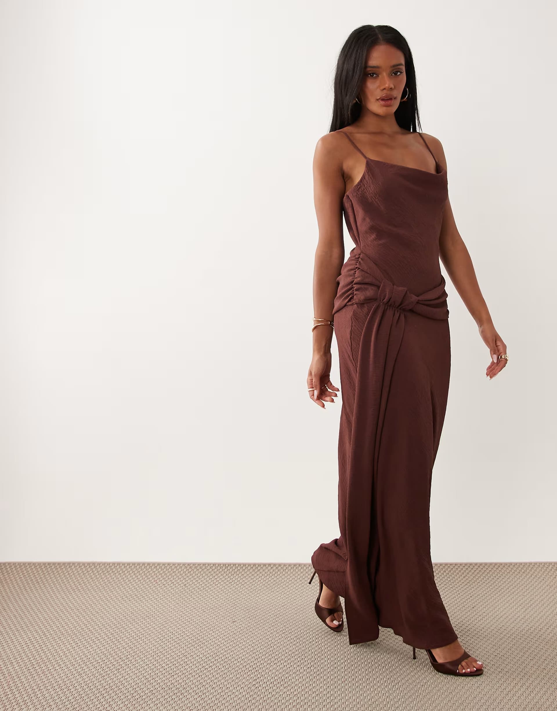ASOS ASOS DESIGN cami maxi dress with drape side in brown