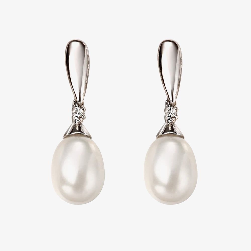 T.H.Baker T.H.Baker Women's 9ct White Gold Diamond Freshwater Pearl Dropper Earrings GE2075W in Silver - 2