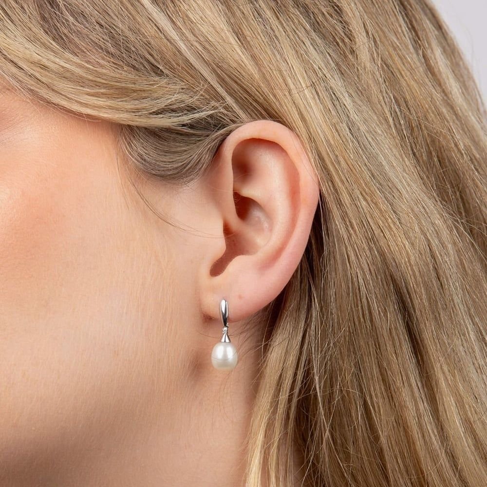 T.H.Baker T.H.Baker Women's 9ct White Gold Diamond Freshwater Pearl Dropper Earrings GE2075W in Silver - 3