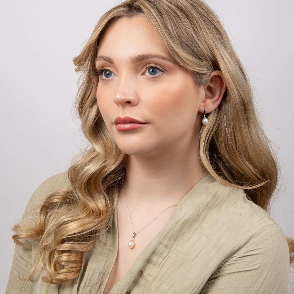 T.H.Baker T.H.Baker Women's 9ct White Gold Diamond Freshwater Pearl Dropper Earrings GE2075W in Silver - 4