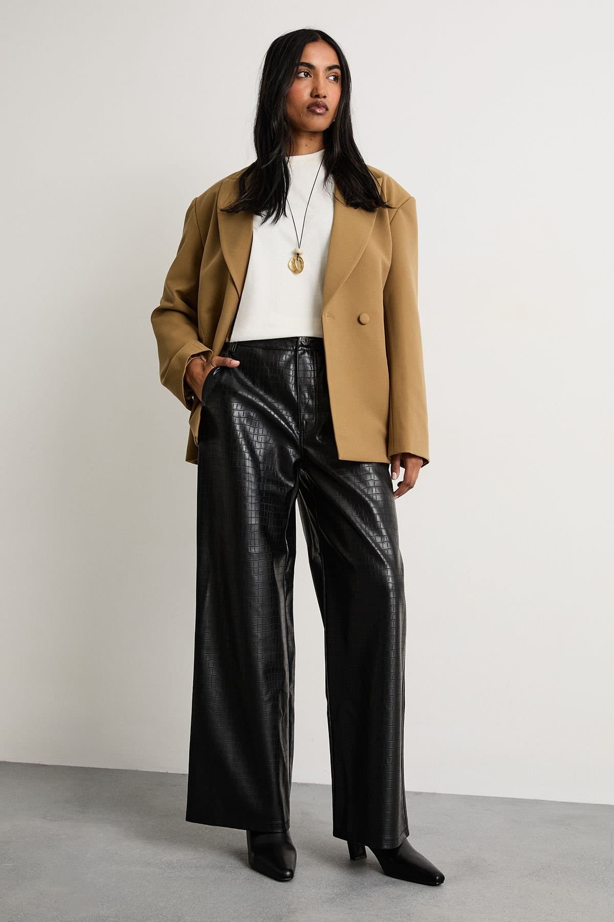 Warehouse Warehouse Black Faux Leather Croc Embossed Trousers