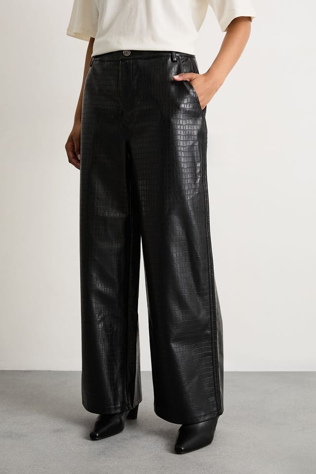 Warehouse Warehouse Women's Faux Leather Croc Embossed PU Straight Leg in Black - 2