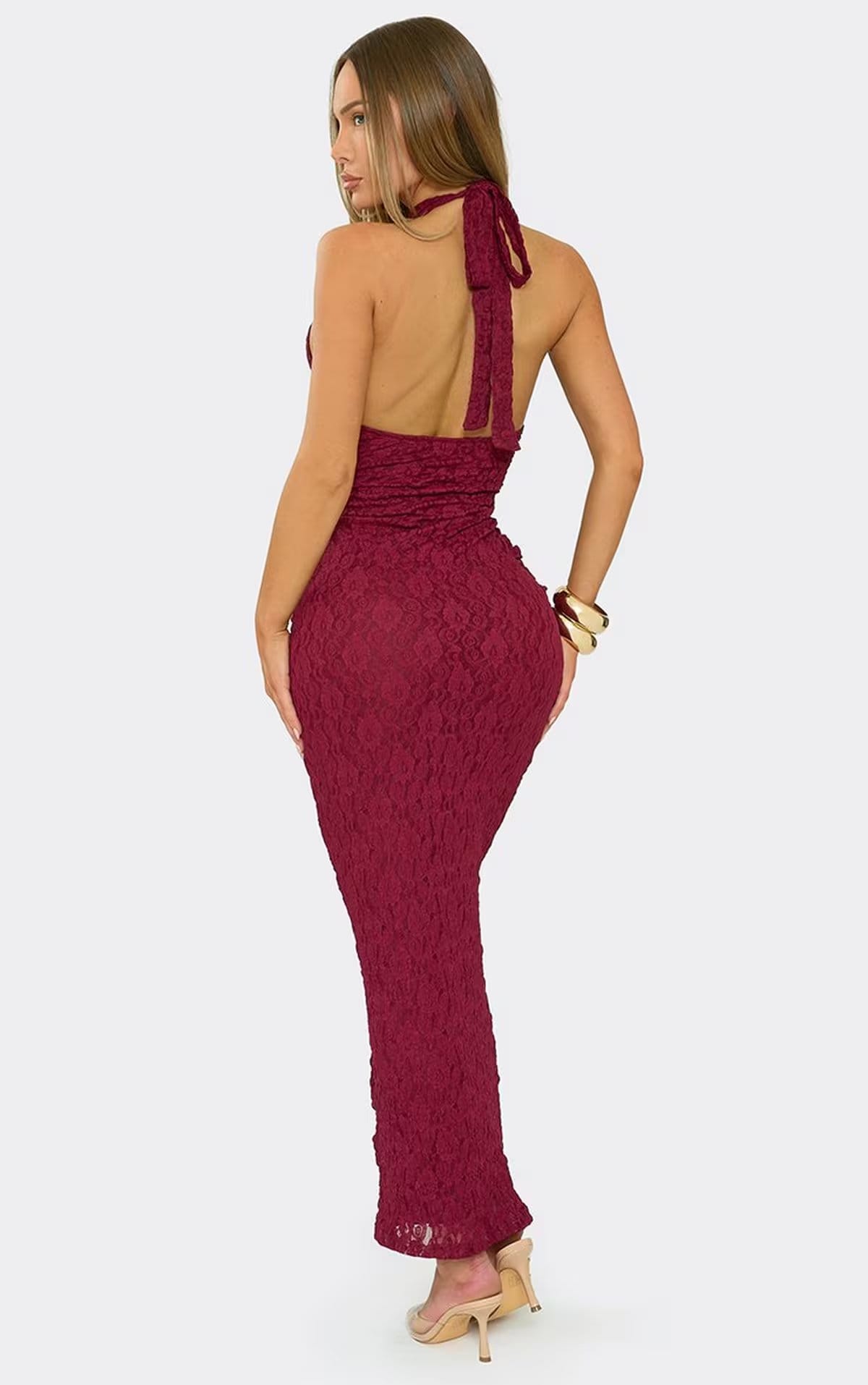 EGO Burgundy Lace High Neck Drape Front Open Back Maxi Dress