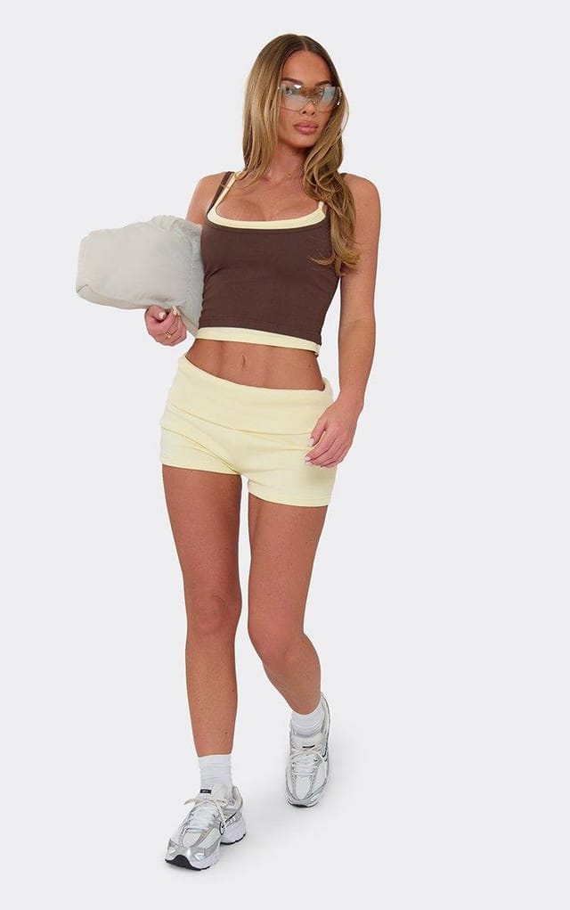EGO Fold Over Mini Hot Pant Shorts In Lemon, Women's Size UK 14 - 2
