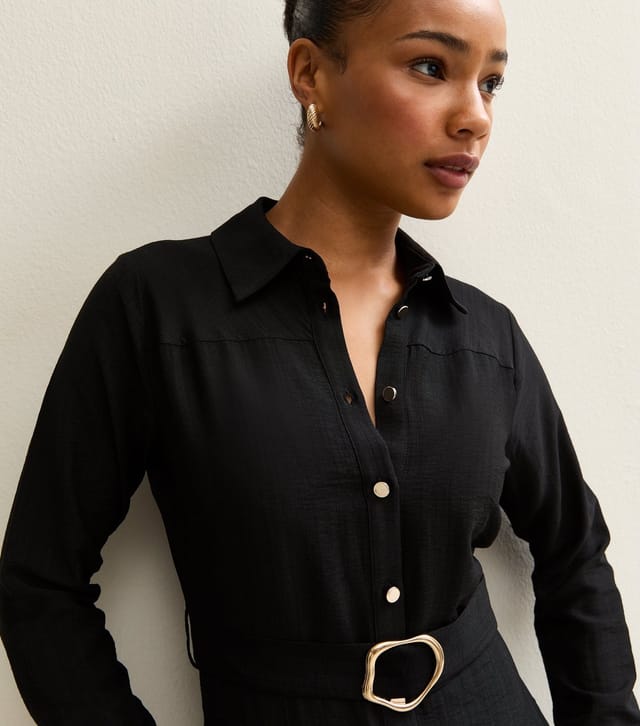New Look Women's Petite Black Long Sleeve Midi Belted Shirt Dress New Look - 2