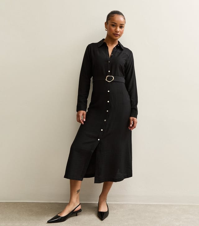 New Look Women's Petite Black Long Sleeve Midi Belted Shirt Dress New Look - 3