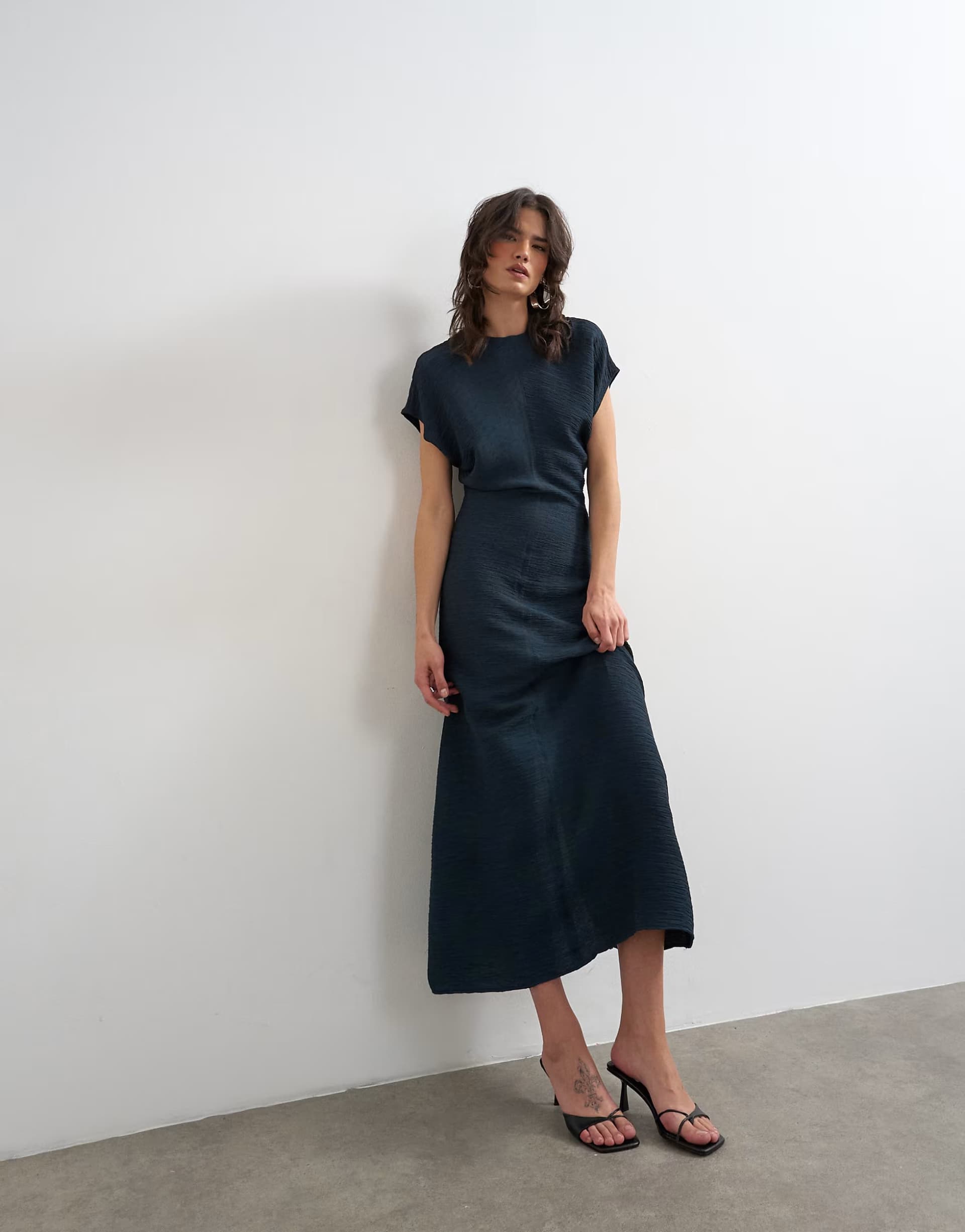 ASOS Topshop drop shoulder blouson waist crinkle maxi dress in navy