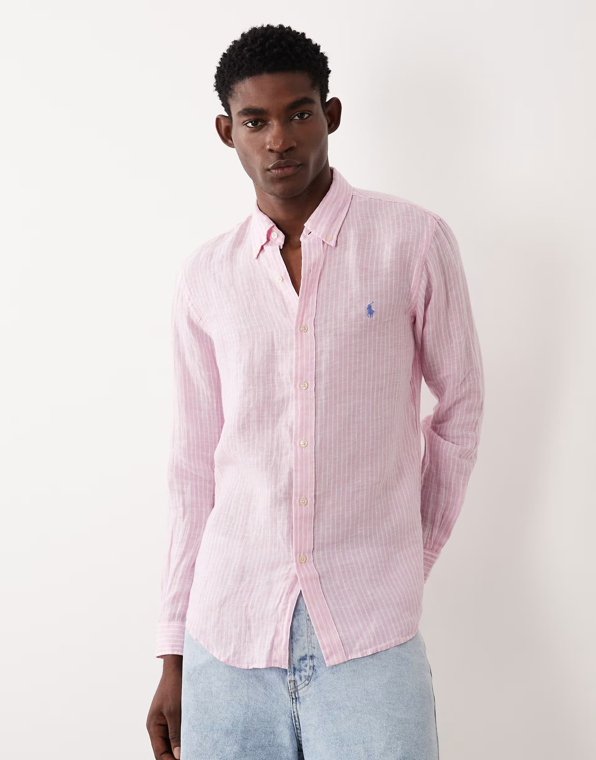 ASOS Polo Ralph Lauren icon logo striped linen long sleeve shirt in pink and white