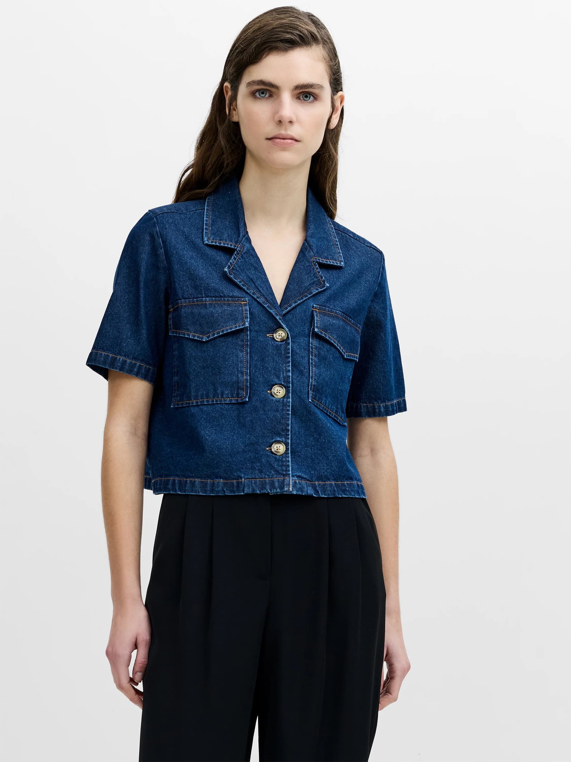 French Connection Archie Blue Denim Short Sleeve Shirt Warm Indigo