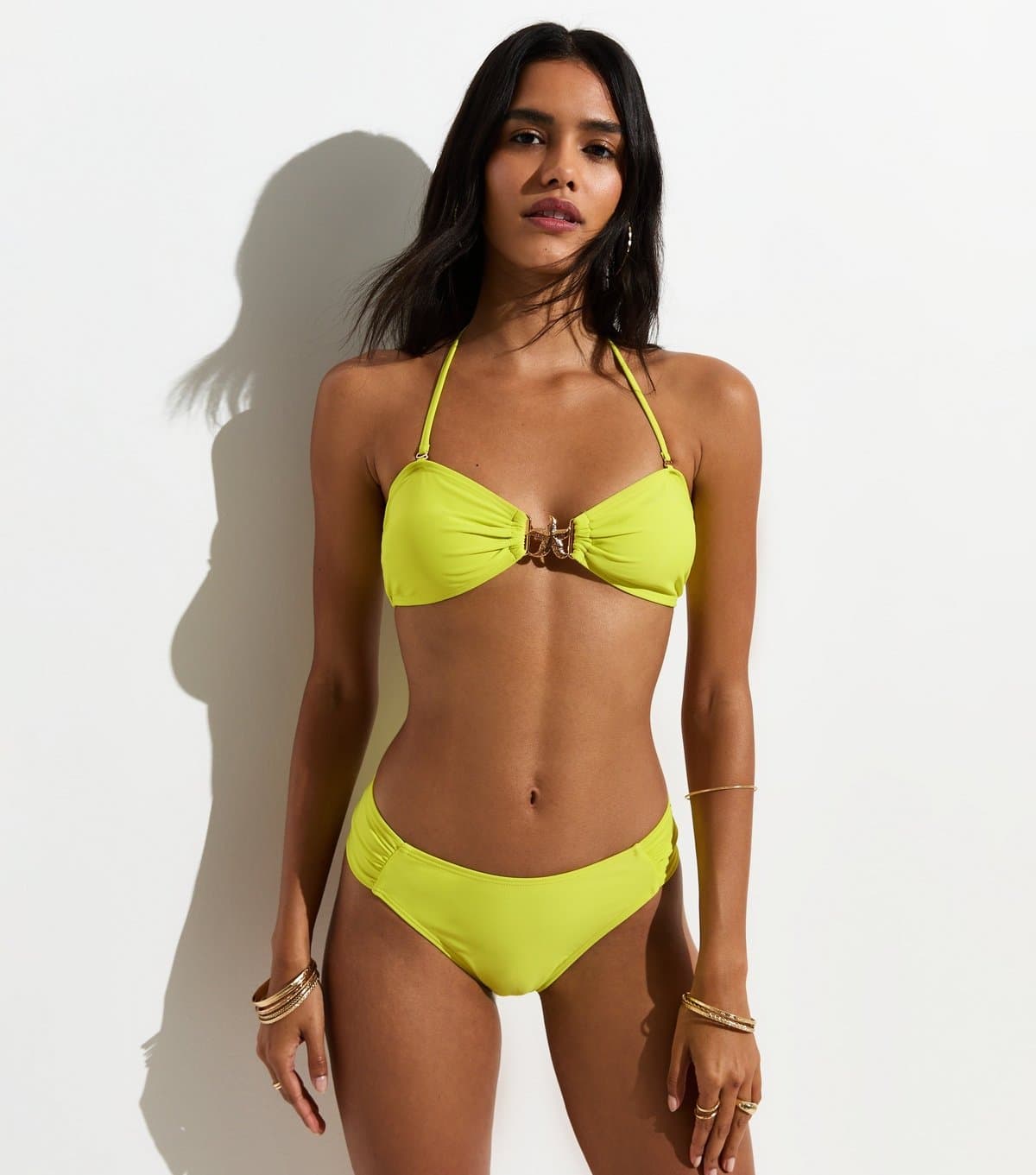 New Look Women's Bright Yellow Ruched Brazilian Ruched Bikini Briefs New Look