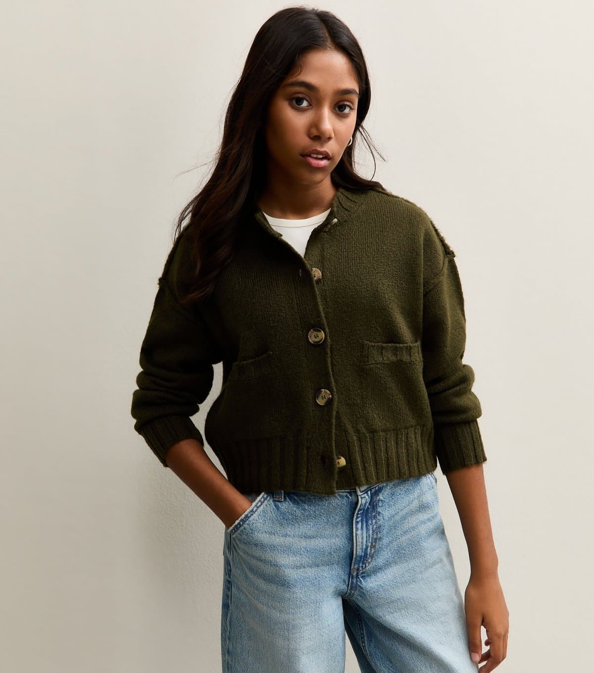 New Look Girls' Dark Khaki Chunky Front Pocket Cardigan New Look