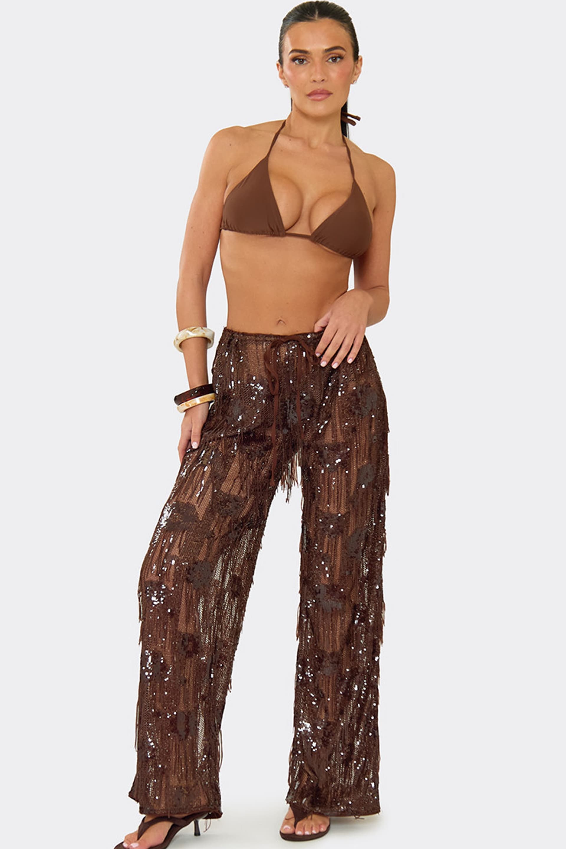 EGO EGO Women's Wide Leg Sequin Trousers in Brown