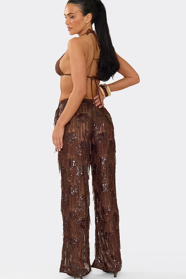 EGO EGO Women's Wide Leg Sequin Trousers in Brown - 2