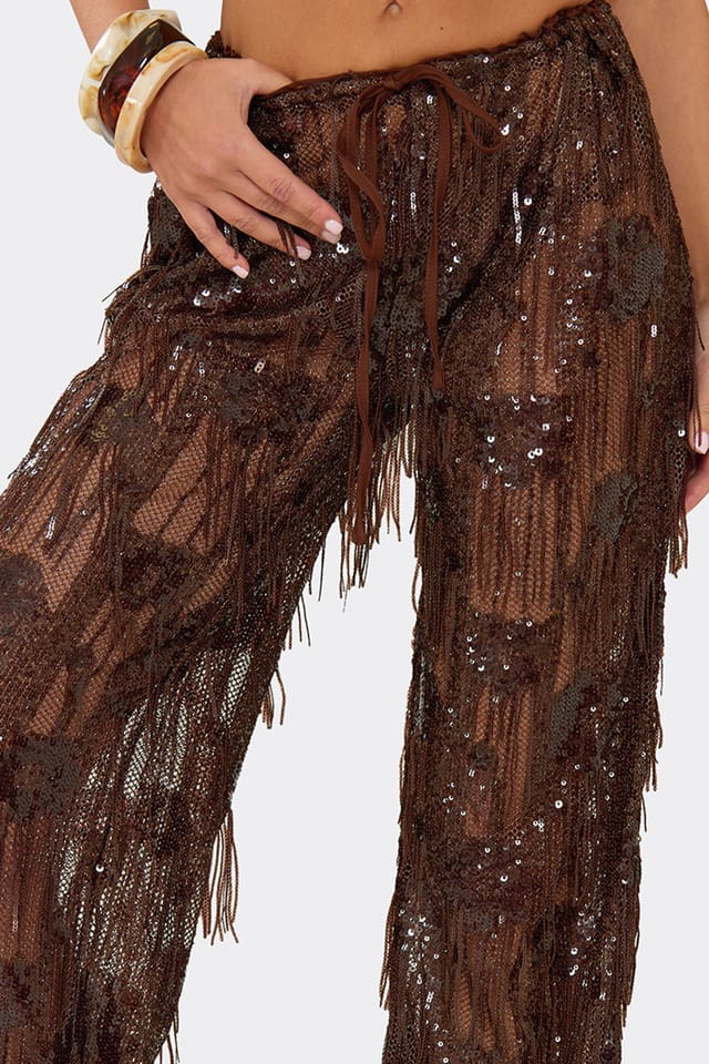 EGO EGO Women's Wide Leg Sequin Trousers in Brown - 3