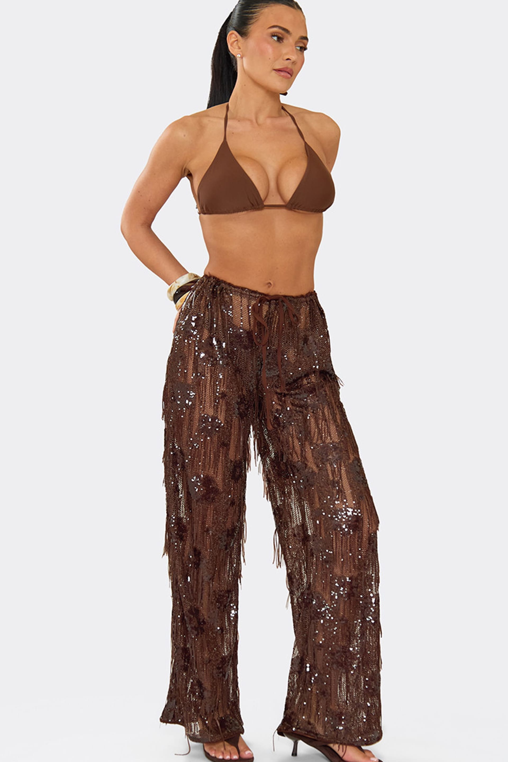 EGO EGO Women's Wide Leg Sequin Trousers in Brown - 4