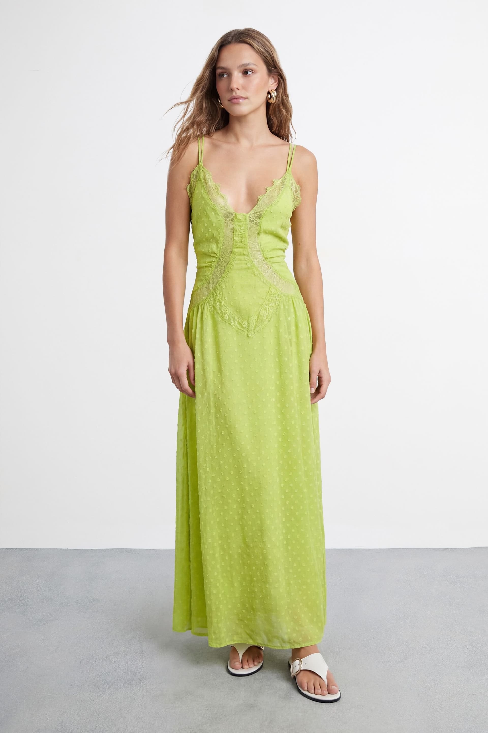 Warehouse Warehouse Women's Dobby Chiffon Lace Cutwork Maxi Dress in Green