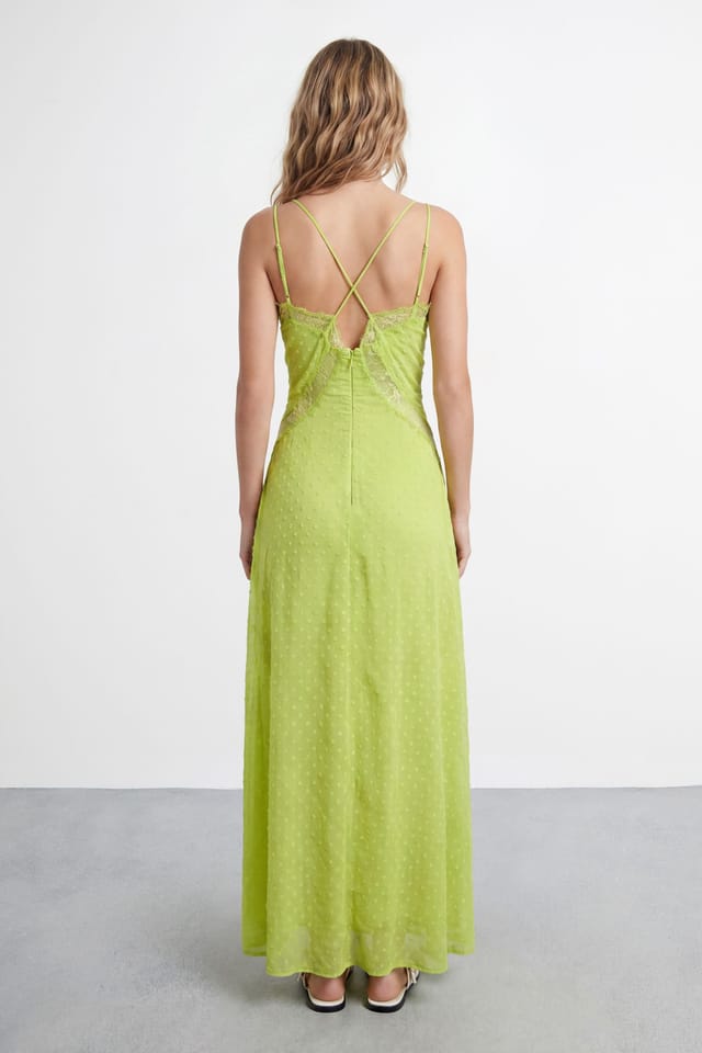 Warehouse Warehouse Women's Dobby Chiffon Lace Cutwork Maxi Dress in Green - 2