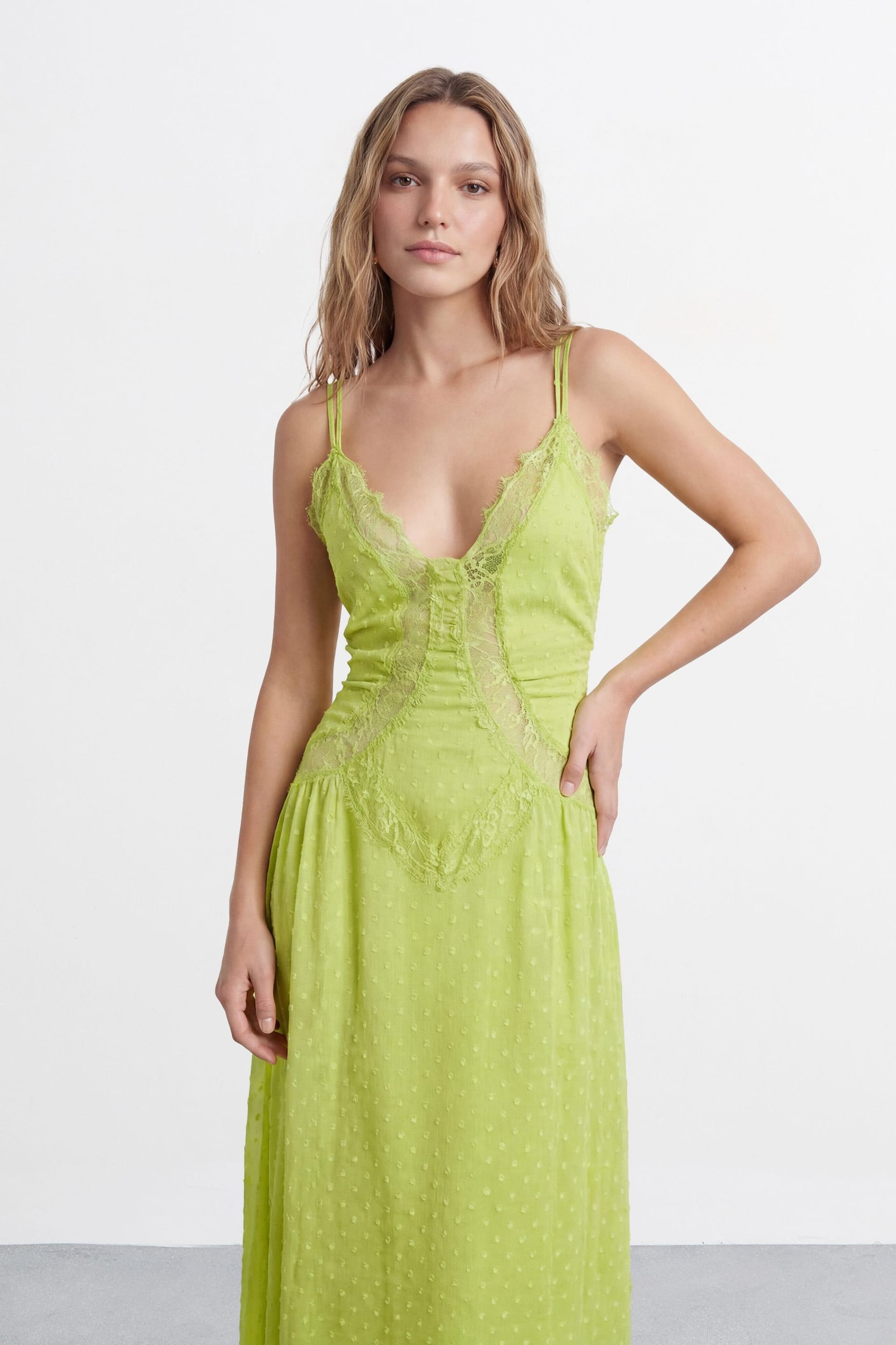 Warehouse Warehouse Women's Dobby Chiffon Lace Cutwork Maxi Dress in Green - 4
