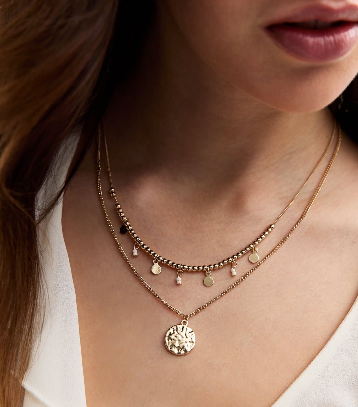 New Look Gold Tone Double Layered Hammered Pendant Necklace New Look