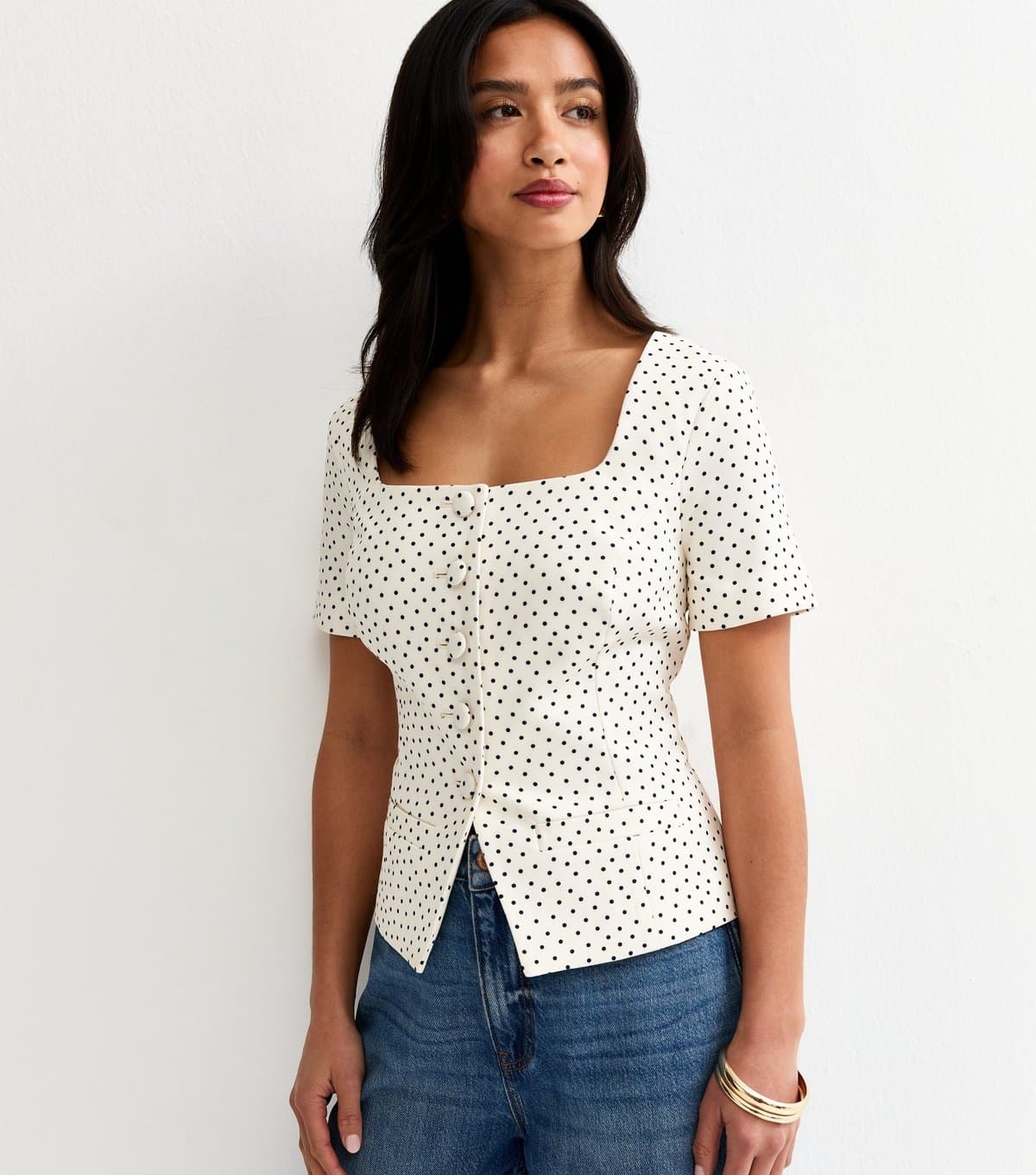 New Look Women's Petite White Spot Print Square Neck Short Sleeve Blazer Top New Look