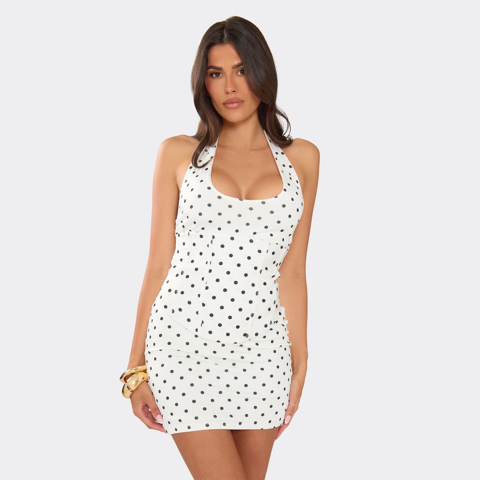 EGO Scoop Halterneck Corset Mini Dress In White Polka Dot, Women's Size UK 6