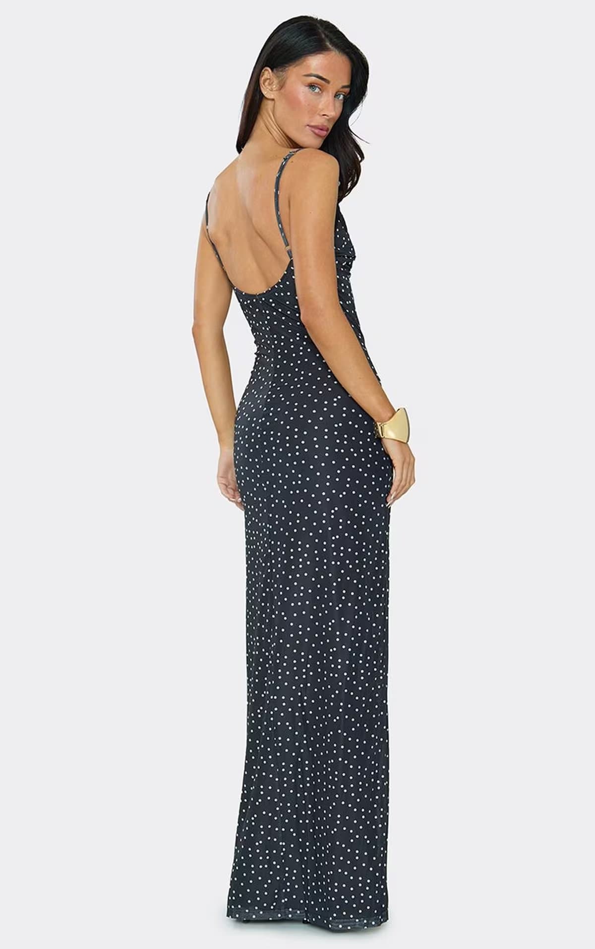 EGO Strappy Lace Trim Scoop Back Maxi Dress In Black Polka Dot., Women's Size UK XS