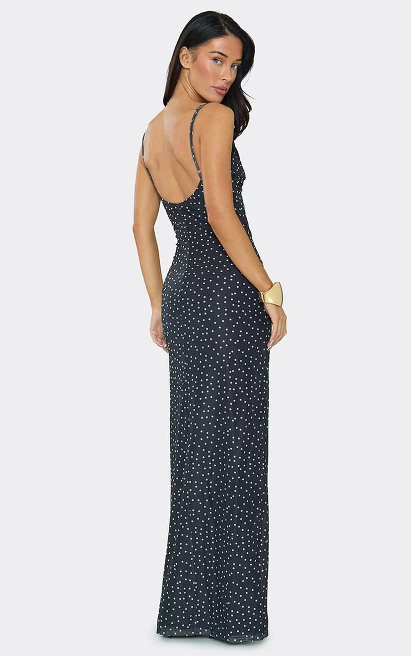 EGO Strappy Lace Trim Scoop Back Maxi Dress In Black Polka Dot., Women's Size UK XS - 1