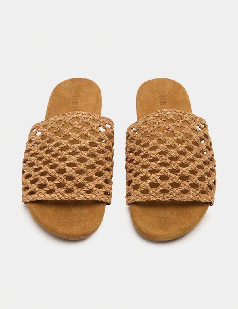 Marks & Spencer M&S Leather Woven Flat Open Toe Mules Sand - 1