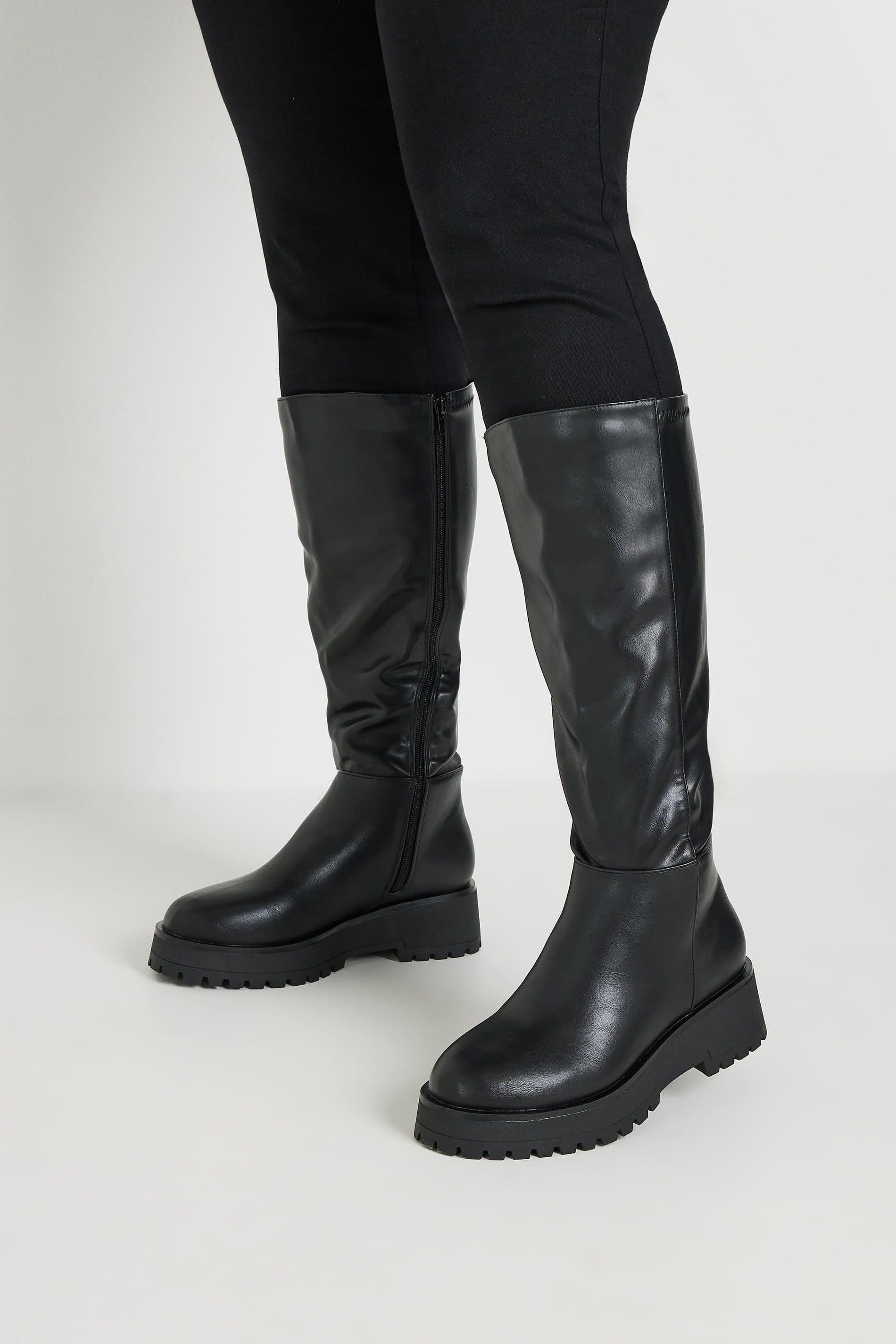 Yours Yours Women's Wide Fit & Extra Wide Fit Faux Leather Chunky Knee High Boots in Black