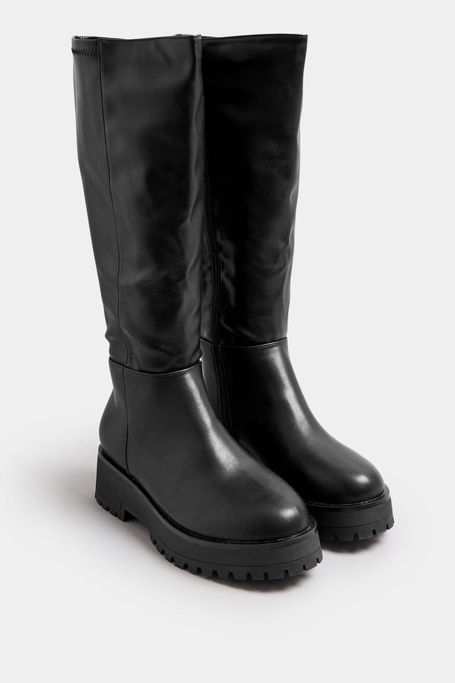 Yours Yours Women's Wide Fit & Extra Wide Fit Faux Leather Chunky Knee High Boots in Black - 2