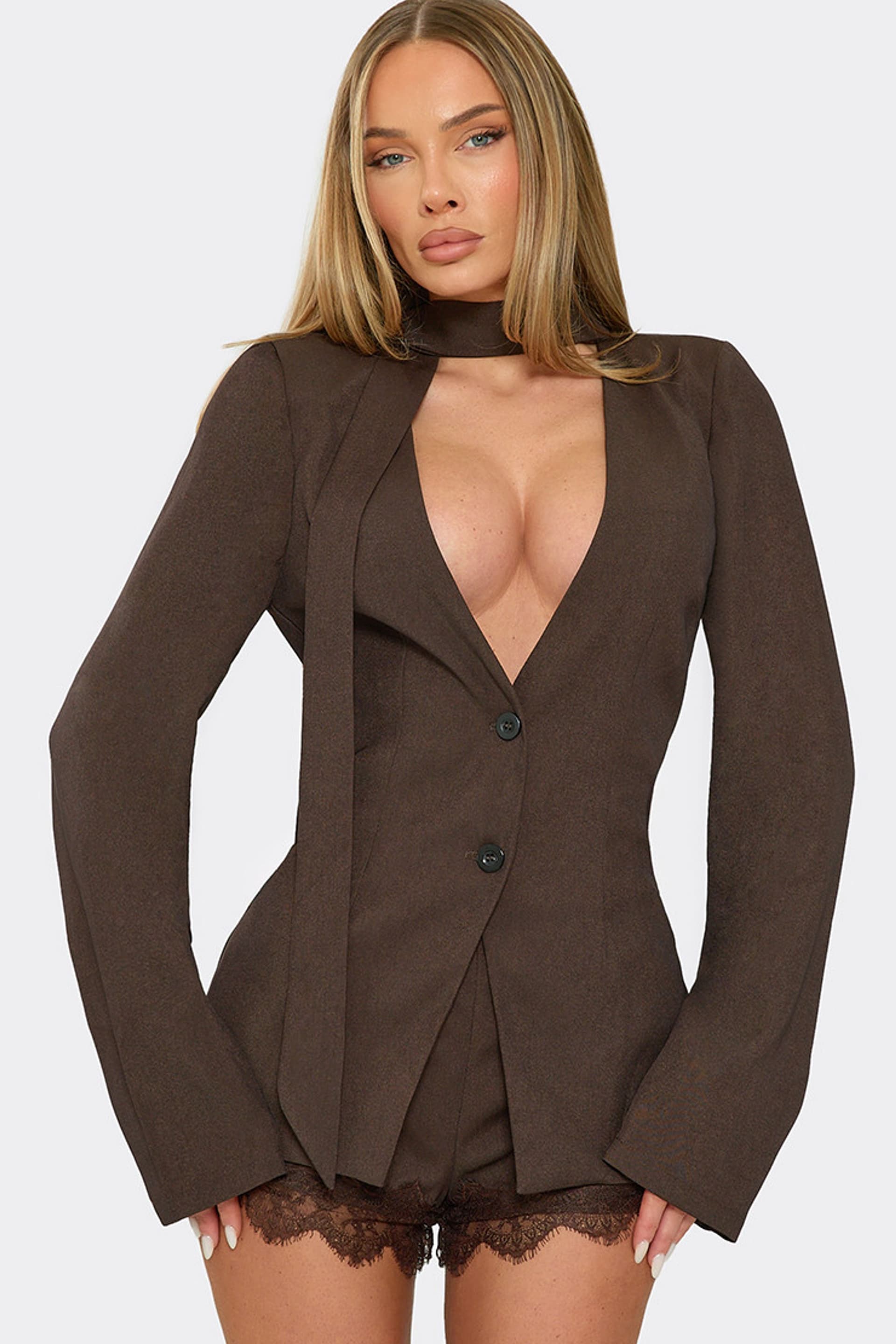 EGO EGO Women's Blazer Style Long Sleeve Button Plunging Neckline Lace Playsuit in Chocolate
