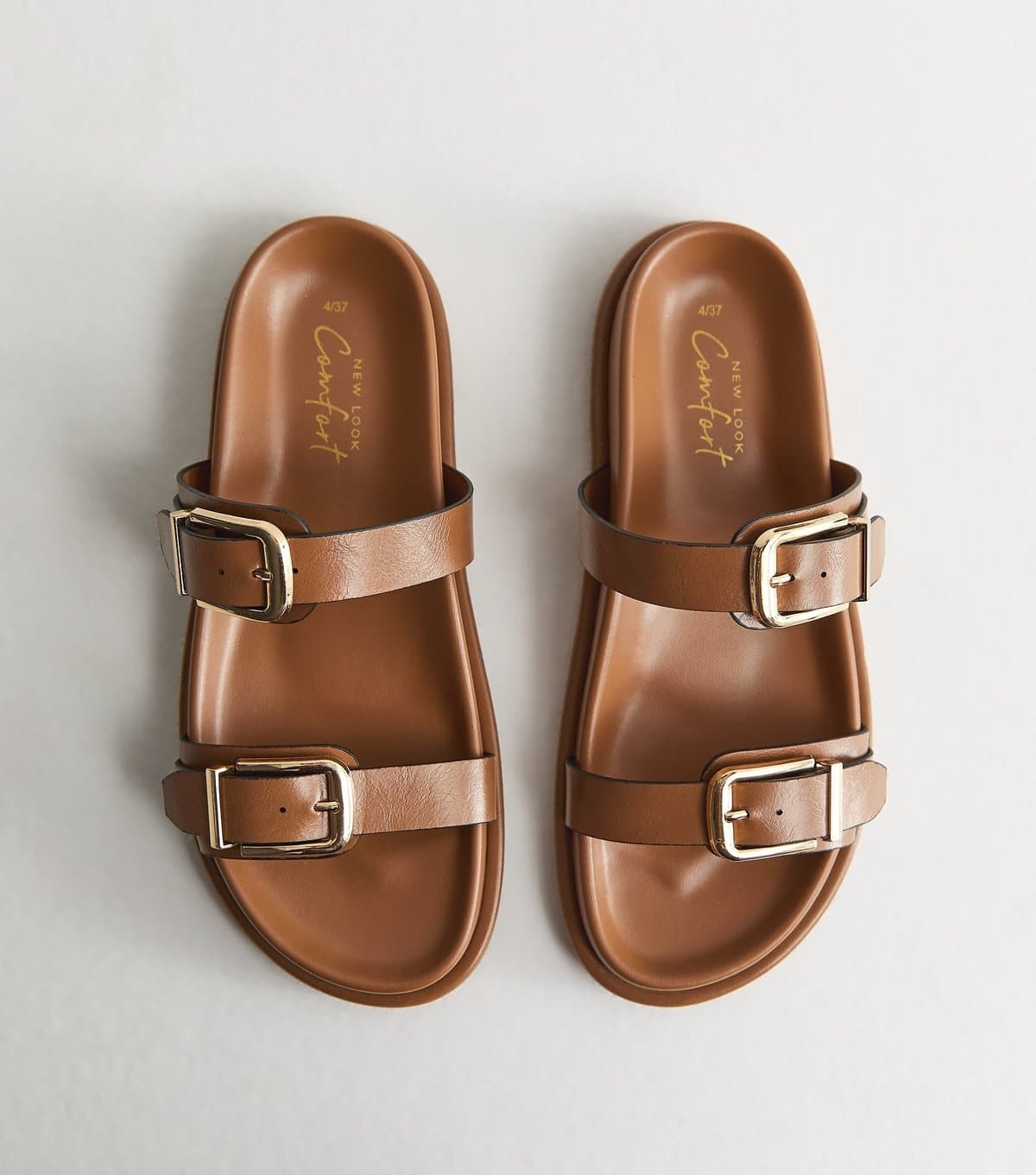 New Look Women's Tan Faux Leather Buckled Strap Sandals Vegan New Look