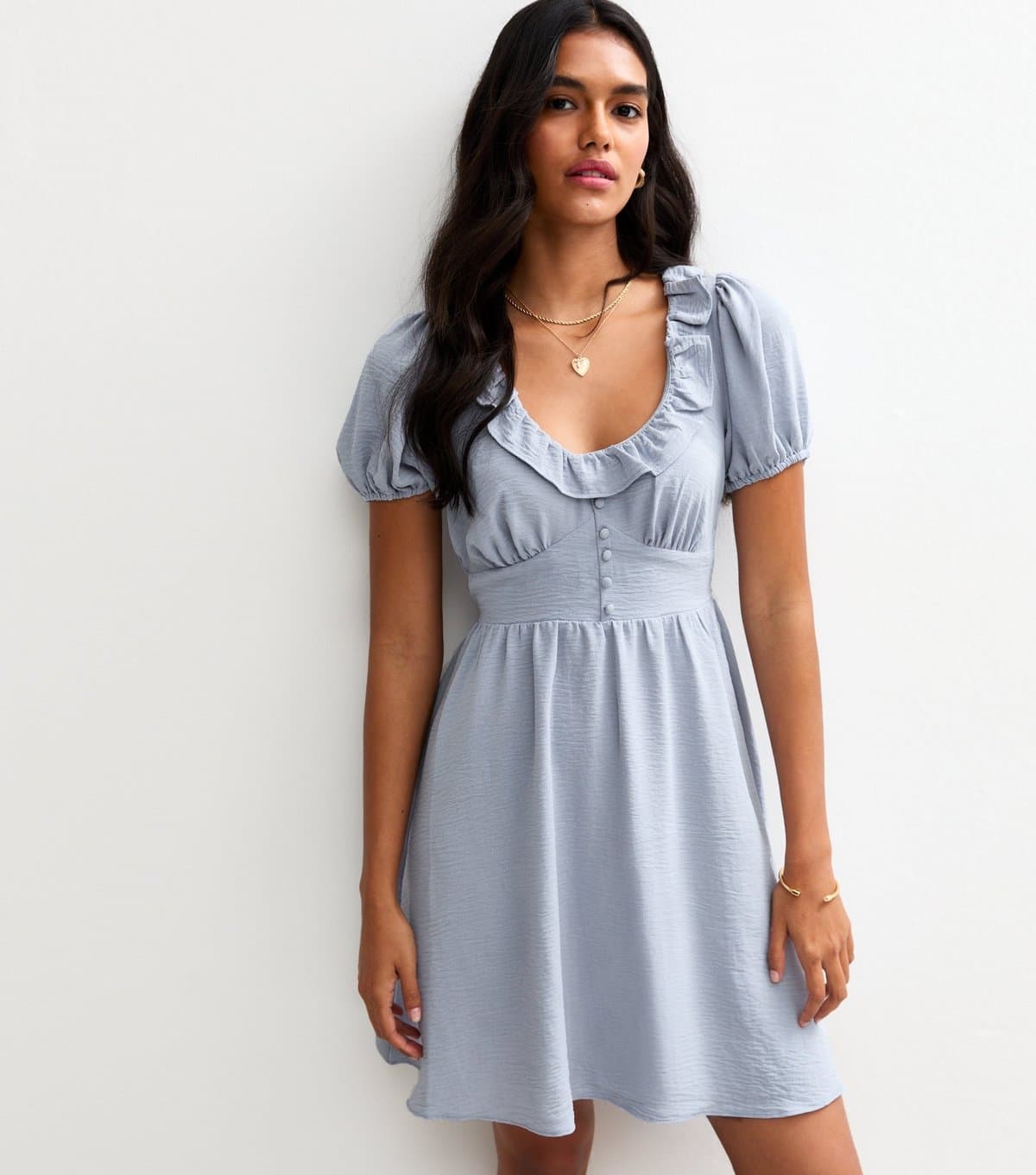 New Look Women's Blue Ruffle Trim Puff Sleeve Mini Dress New Look