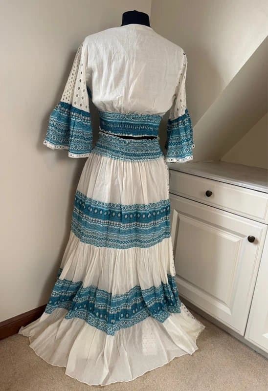 Papa Pia Papa Pia Luxe Boho White Blue Lace Embroidered Cotton Top Skirt Set  One Size 8-16 Western Dress