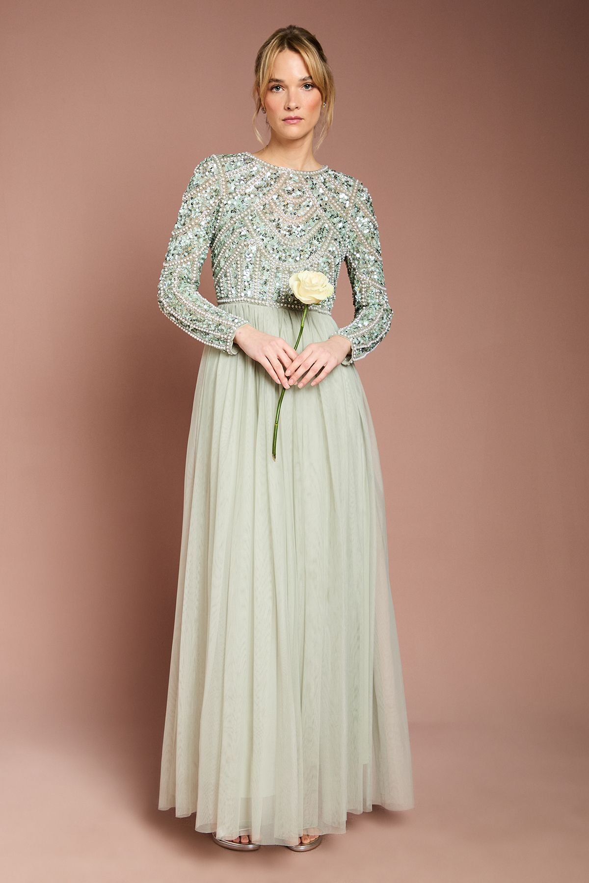 Coast Coast Women's Honoured Long Sleeve Sequin Bodice Tulle Skirt Maxi Bridesmaid Dress in Sage - 2