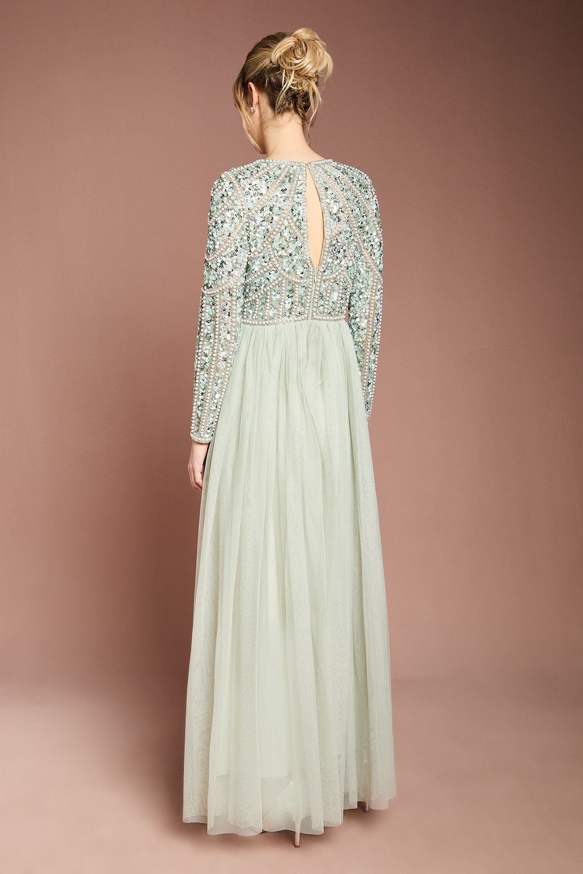 Coast Coast Women's Honoured Long Sleeve Sequin Bodice Tulle Skirt Maxi Bridesmaid Dress in Sage - 3