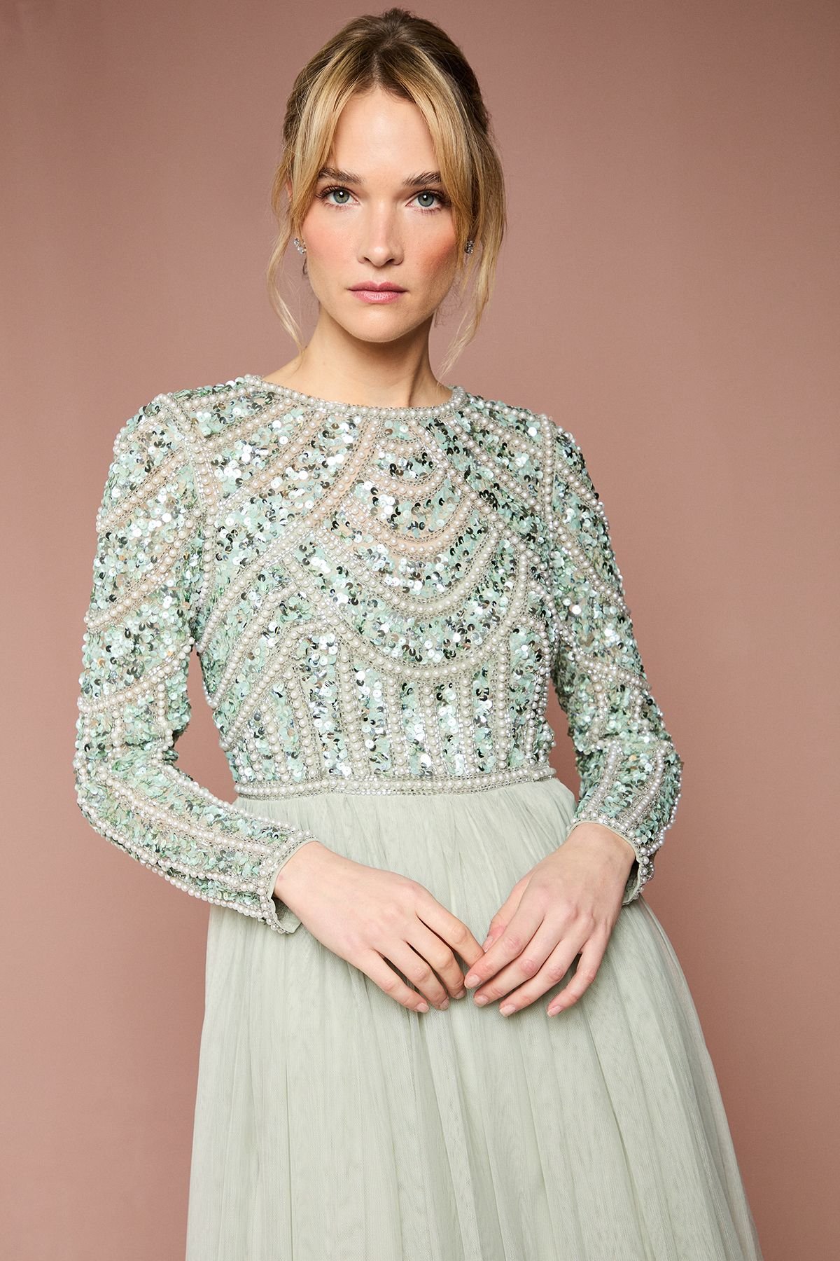 Coast Coast Women's Honoured Long Sleeve Sequin Bodice Tulle Skirt Maxi Bridesmaid Dress in Sage - 4