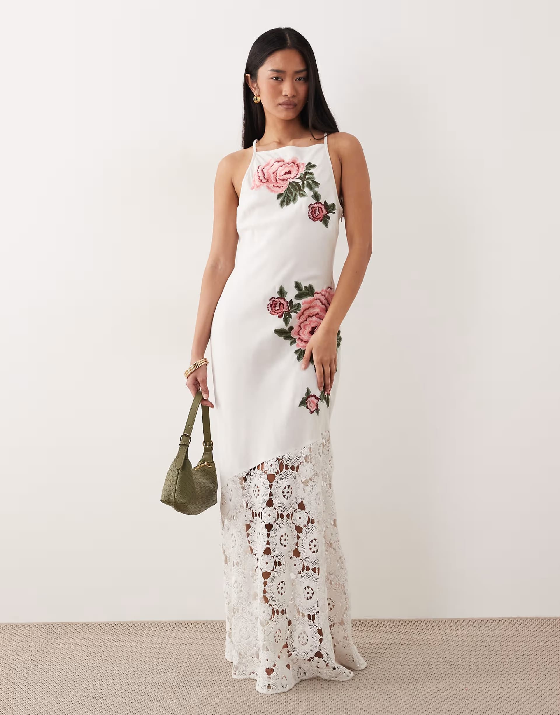 ASOS ASOS DESIGN racer neck embroidered detail crochet hem maxi dress in white